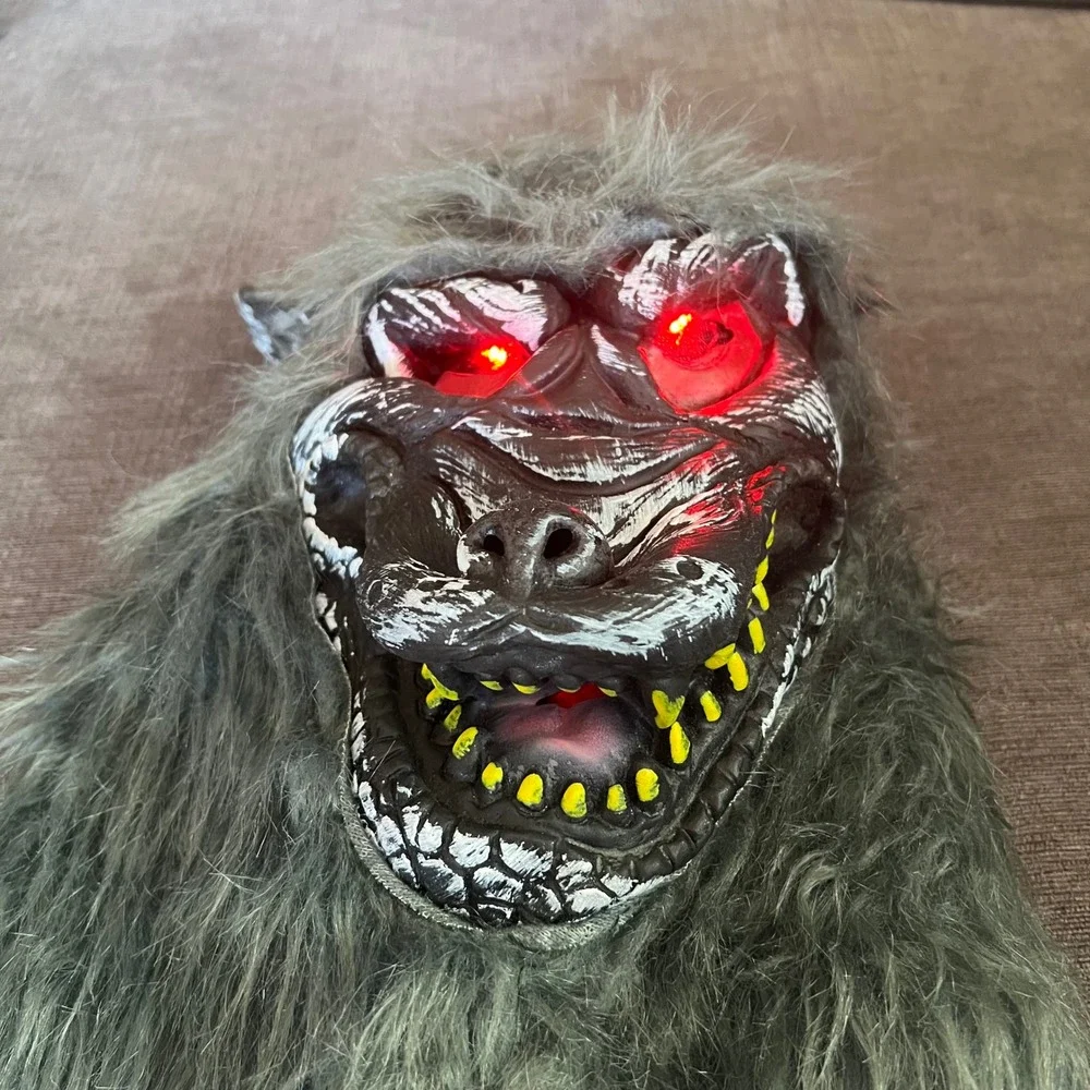 Grey Furry Werewolf Mask Red LED Light Up Eyes Halloween Scary Spooky Season